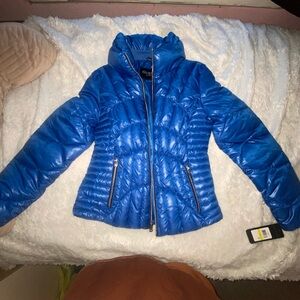 Guess Blue Puffer Jacket with High Collar and Glossy Finish